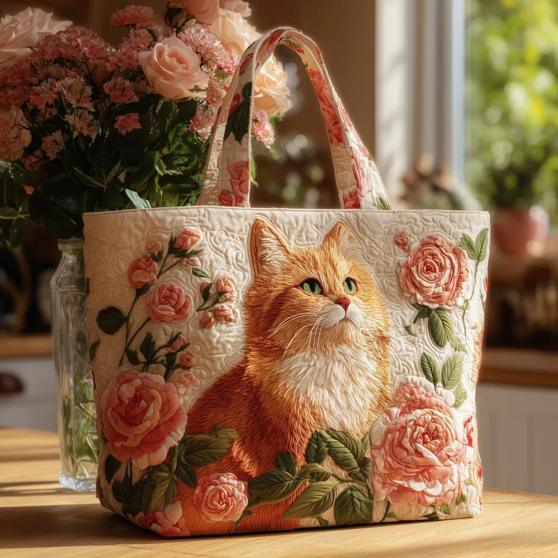 Judit – Bolso tote acolchado con gato y rosas