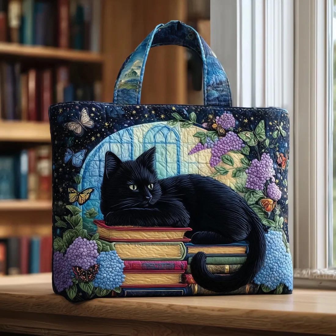 Eva – Bolso tote acolchado tipo patchwork con estampado de gato