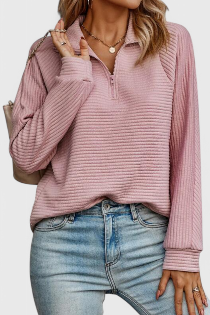 Helene Jersey de Cuello en V con Cremallera y Manga Larga