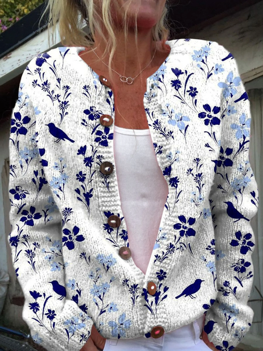 Vynora™ | Cárdigan vintage abotonado con estampado de flores y pájaros
