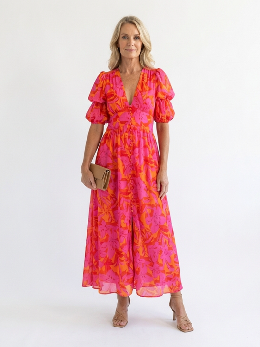 Stella & Grace™ | Vestido midi floral con escote en V y manga abullonada