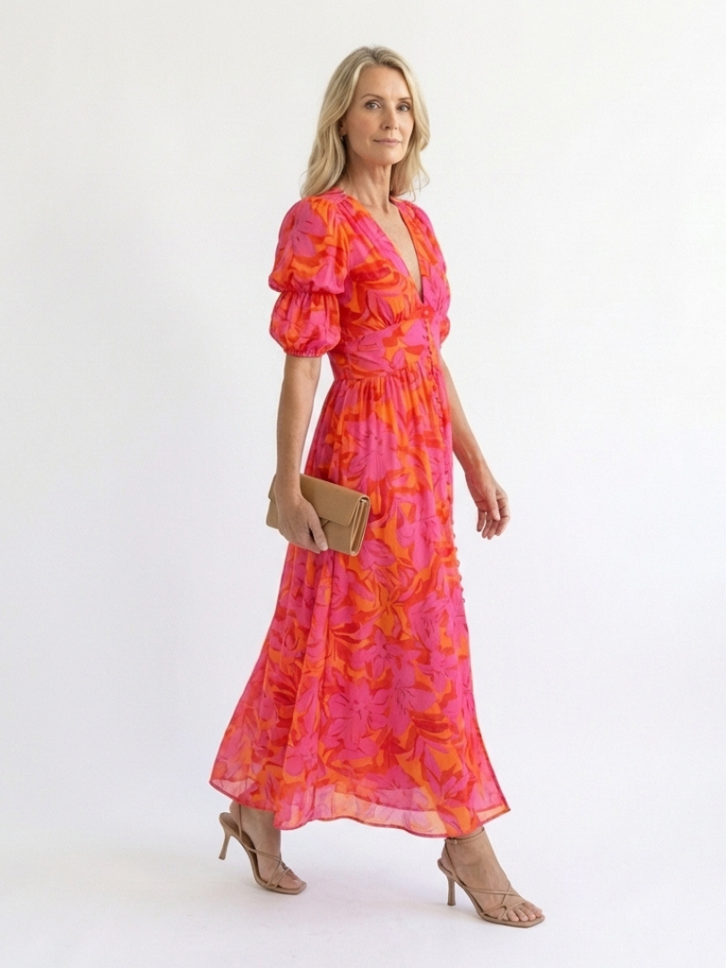 Stella & Grace™ | Vestido midi floral con escote en V y manga abullonada