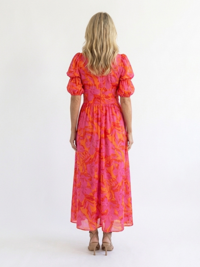 Stella & Grace™ | Vestido midi floral con escote en V y manga abullonada