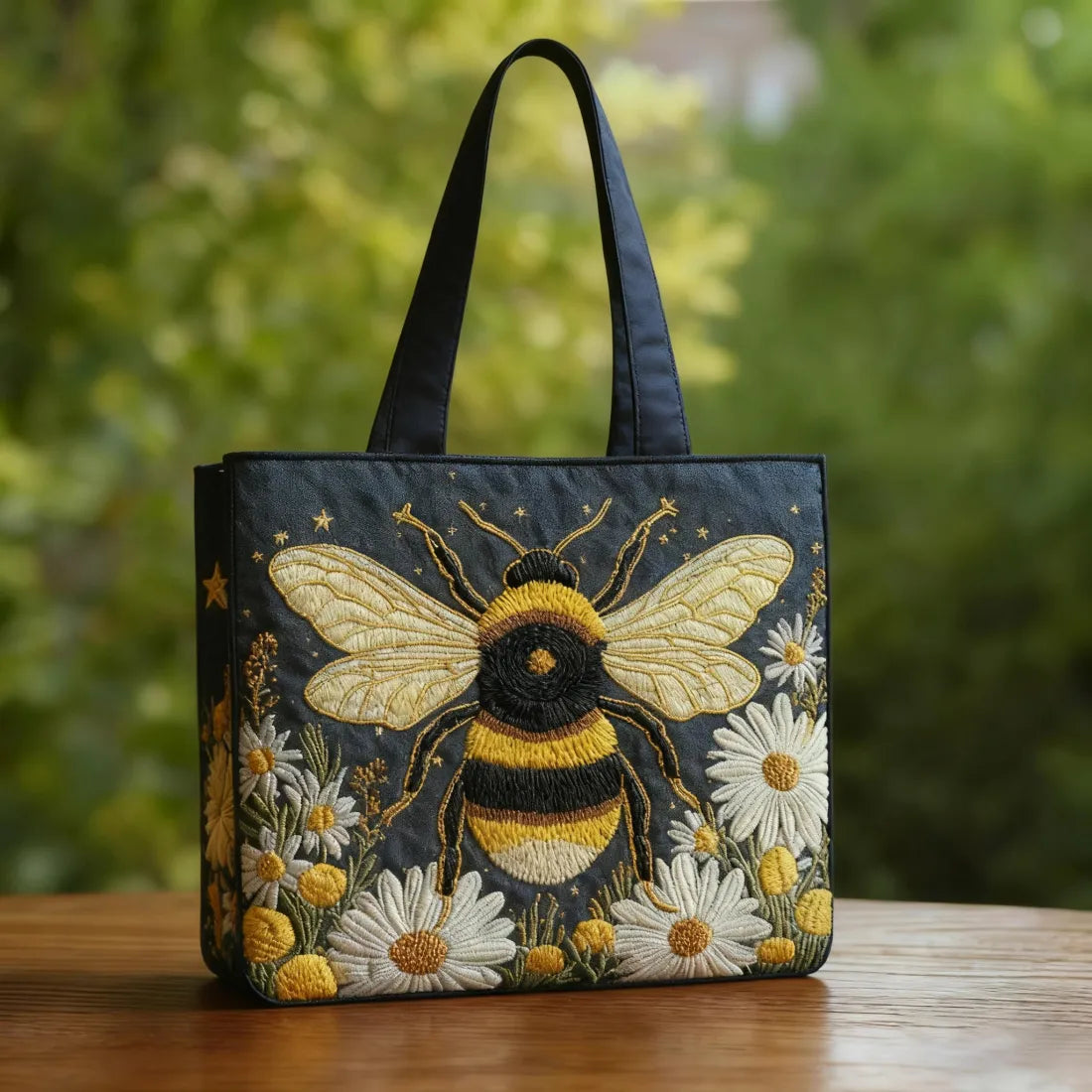 Nina – Bolso tote bordado a mano con abejorro y flores