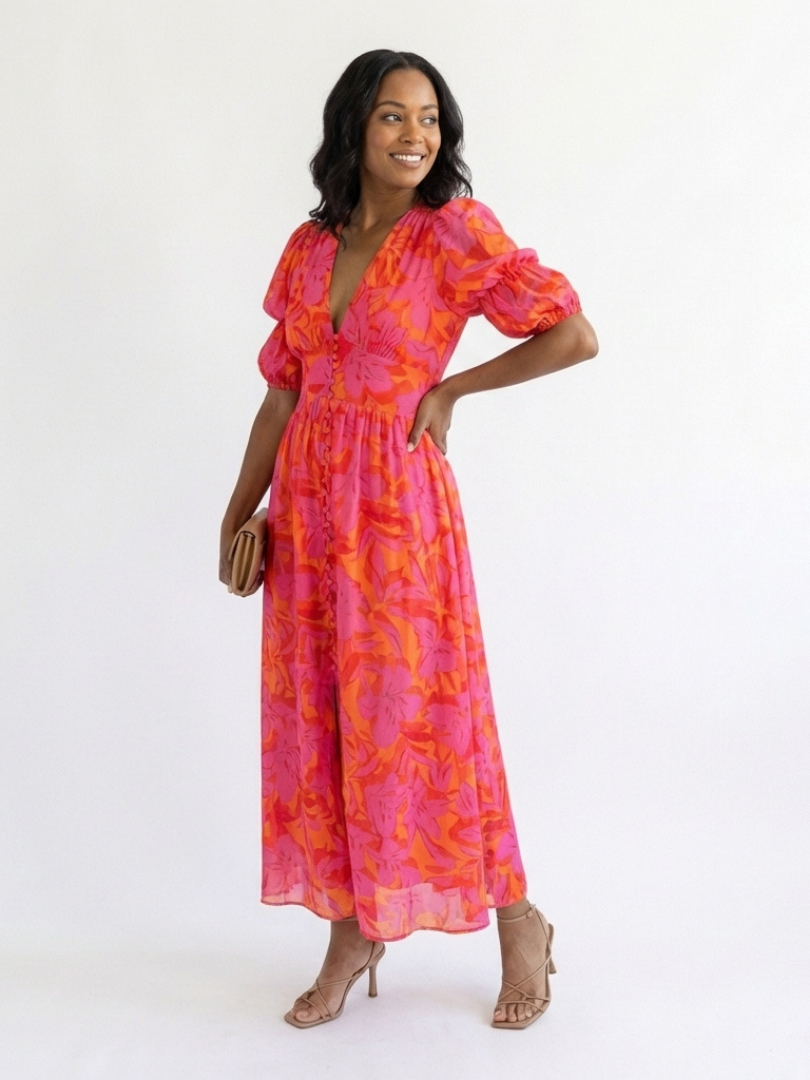 Stella & Grace™ | Vestido midi floral con escote en V y manga abullonada