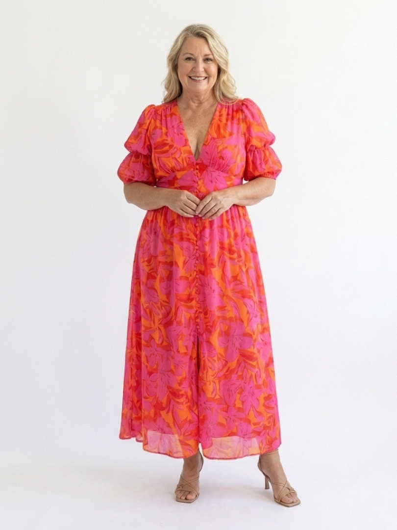 Stella & Grace™ | Vestido midi floral con escote en V y manga abullonada