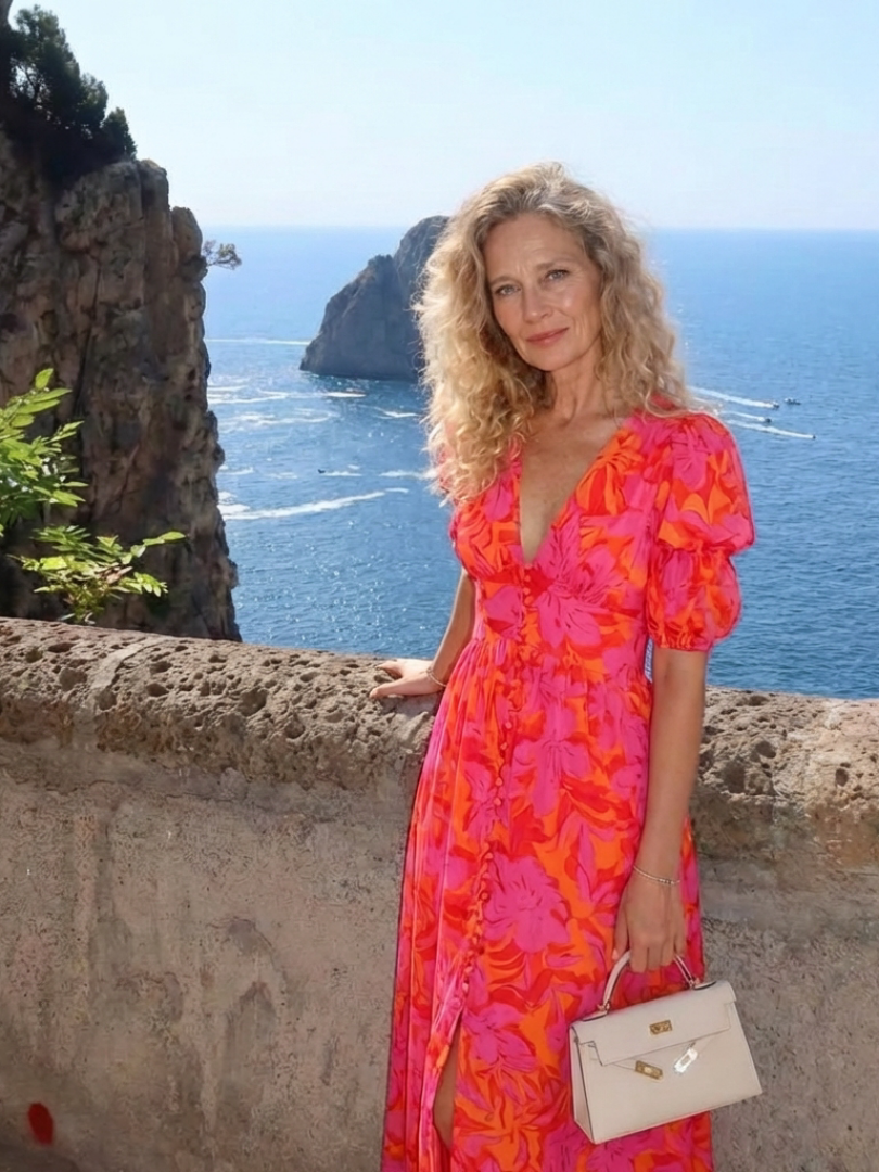 Stella & Grace™ | Vestido midi floral con escote en V y manga abullonada