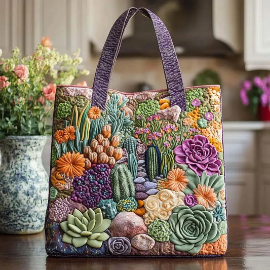 Camilla – Bolso tote acolchado a mano con estampado de suculentas