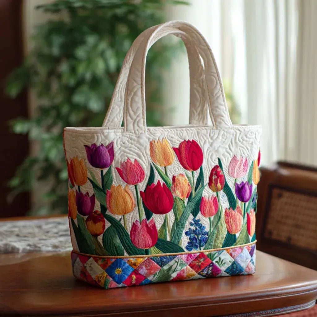 Sylvia – Bolso tote acolchado a mano con tulipanes