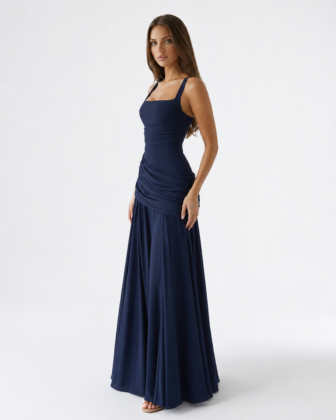 ENIE | Vestido largo con escote cuadrado fruncido