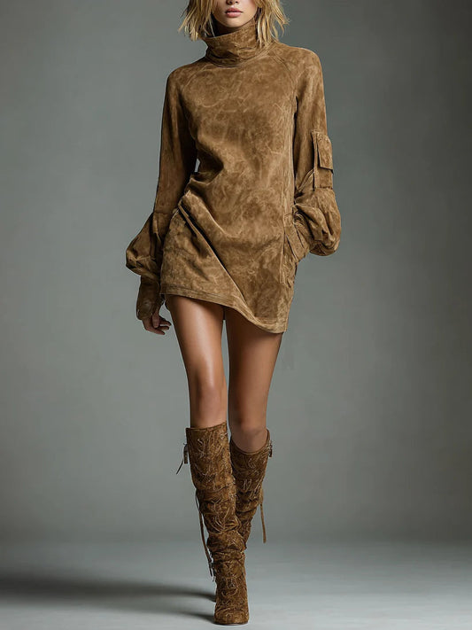 Bibiane | Vestido corto oversize de ante con cuello alto