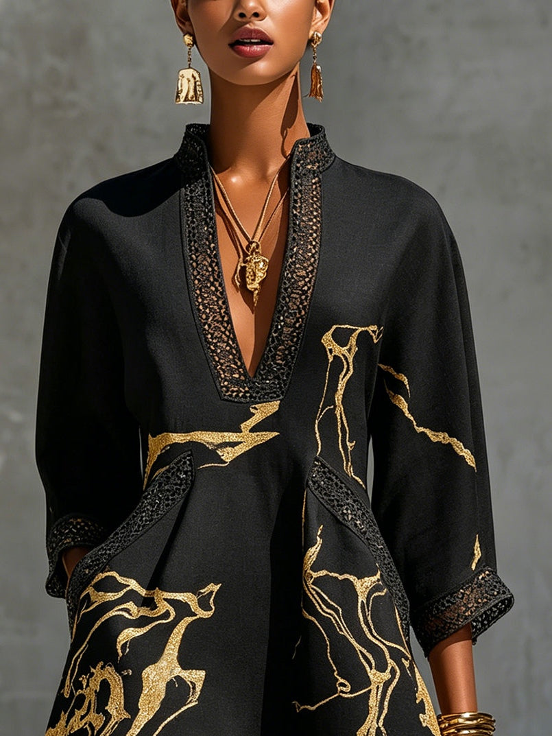 Donatella - Minivestido negro con estampado de mármol dorado y encaje de crochet