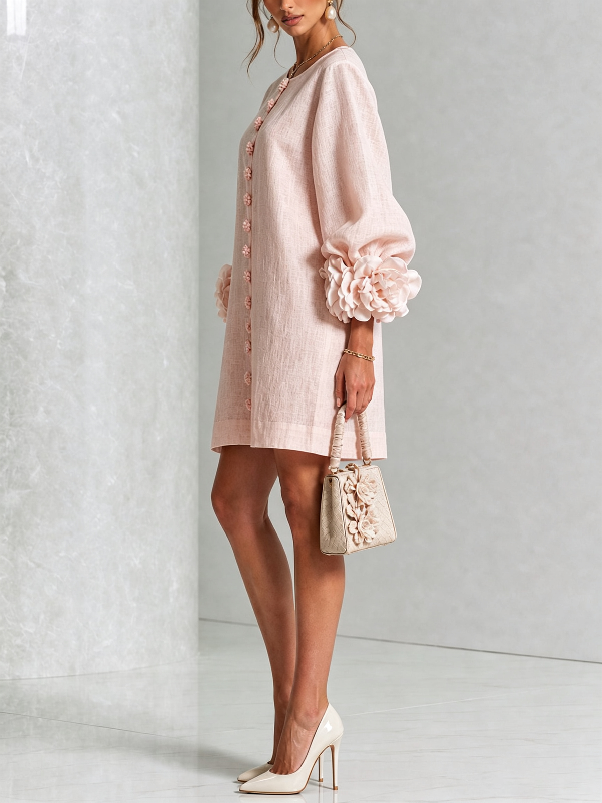 Vestido Mini Blanco con Botones de Flores y Mangas Florales Extravagantes