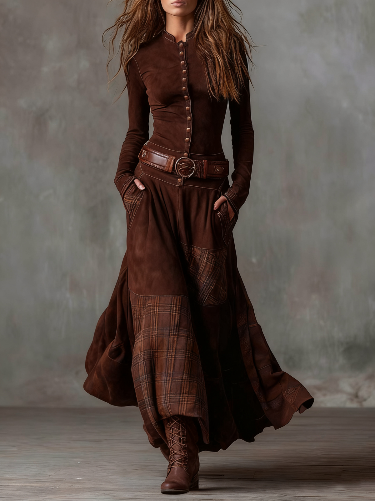 Élise | Vestido largo de ante con cinturón