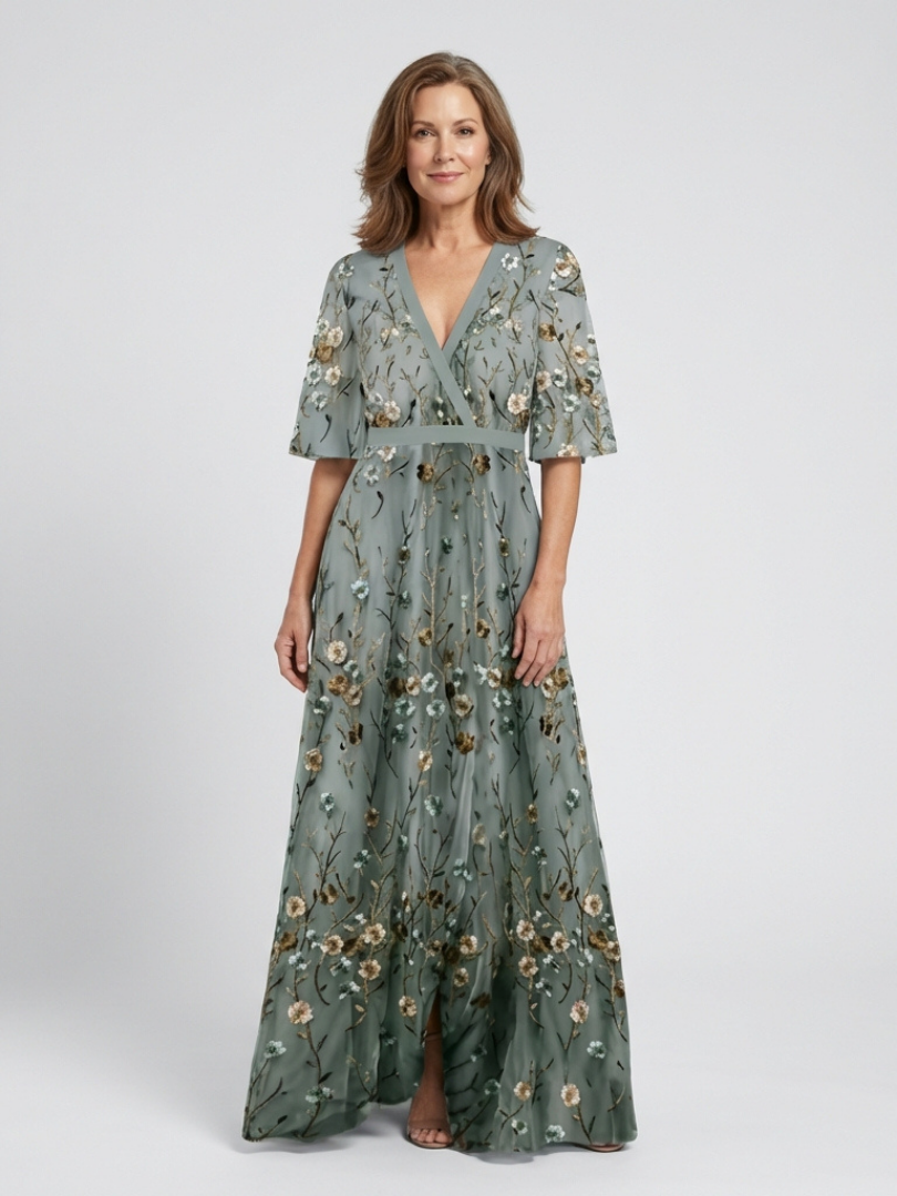 Evadne | Vestido maxi floral con escote en V y manga corta