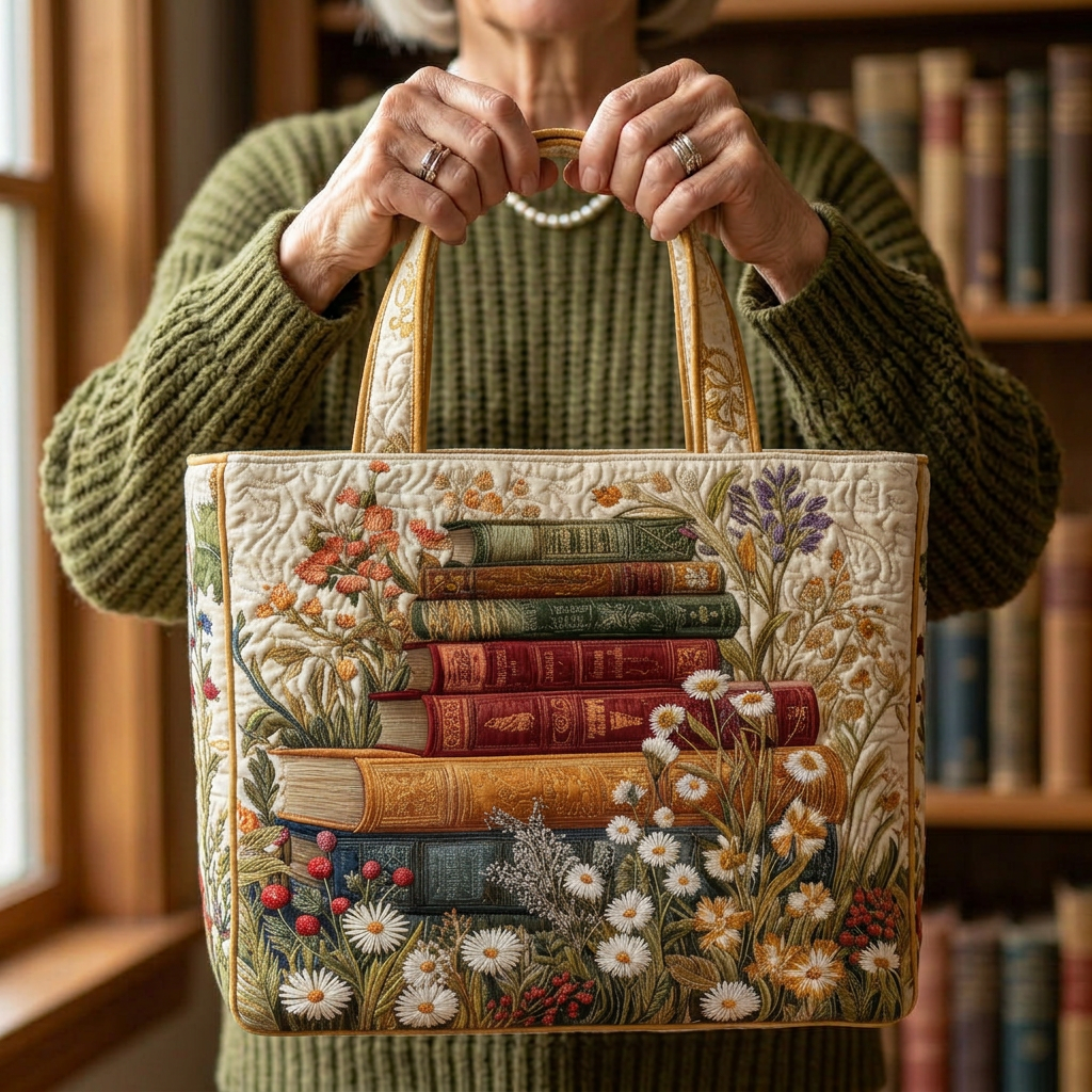 Eileen – Bolso acolchado con motivo bordado de pilas de libros