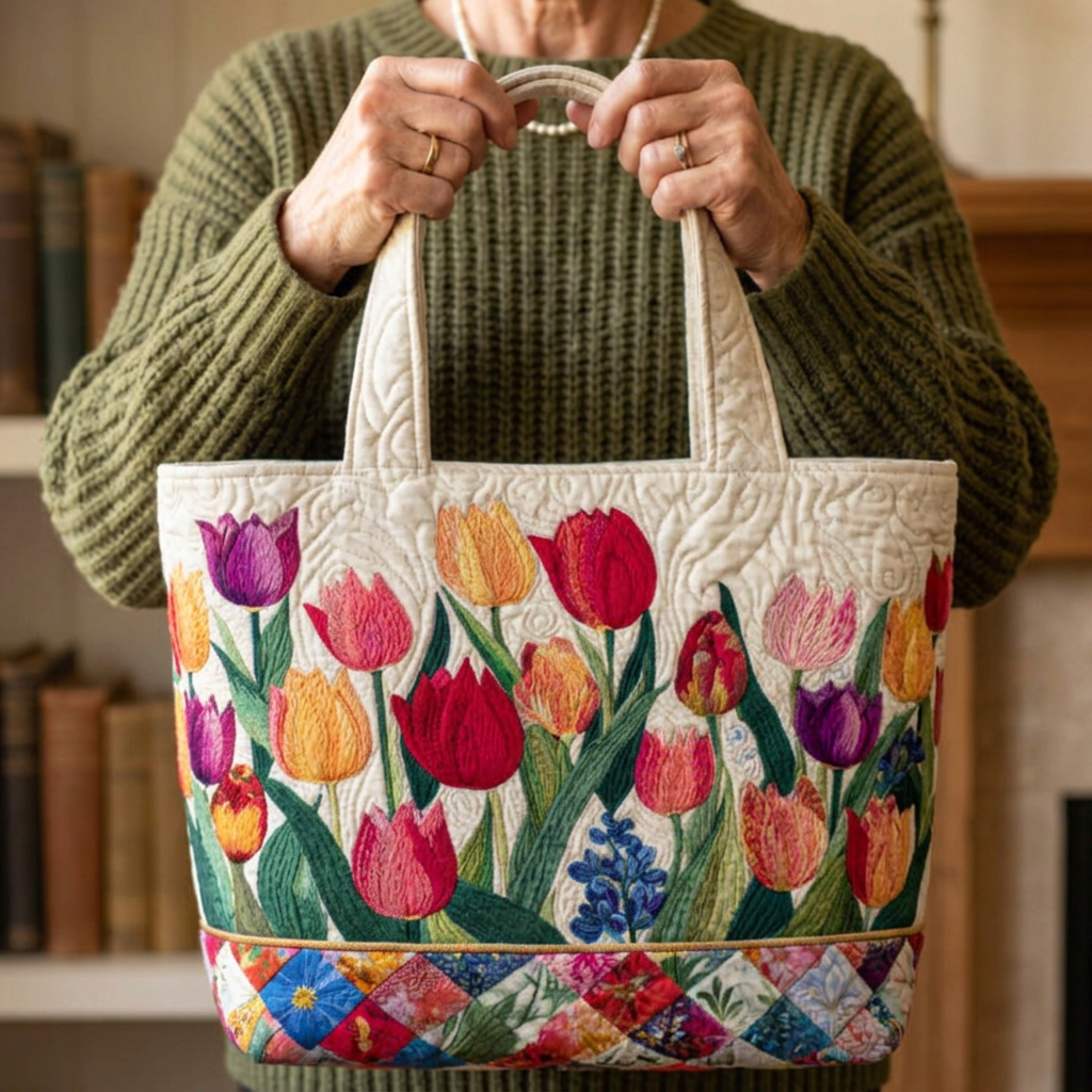 Sylvia – Bolso tote acolchado a mano con tulipanes