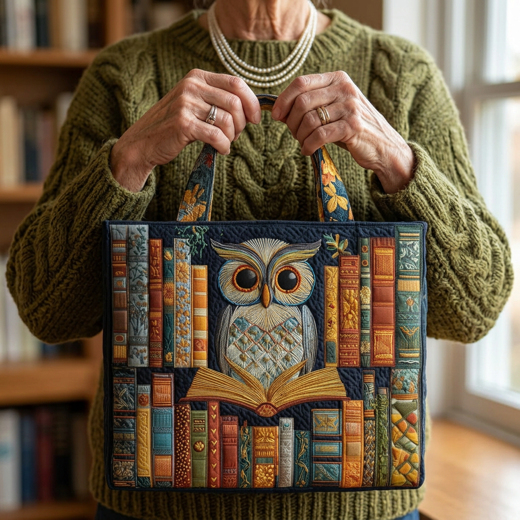 Helena – Bolso tote acolchado a mano con estampado de búho