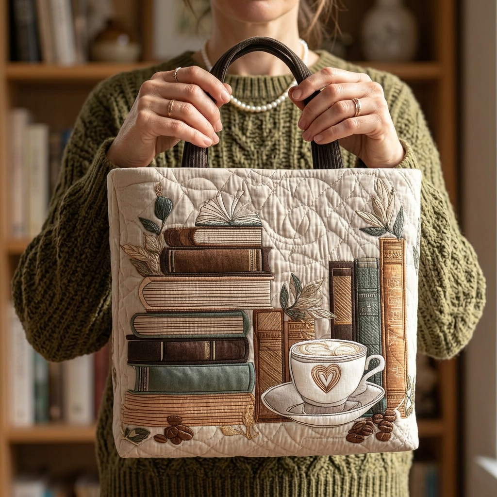 Margareta – Bolso tote acolchado con estampado de libros