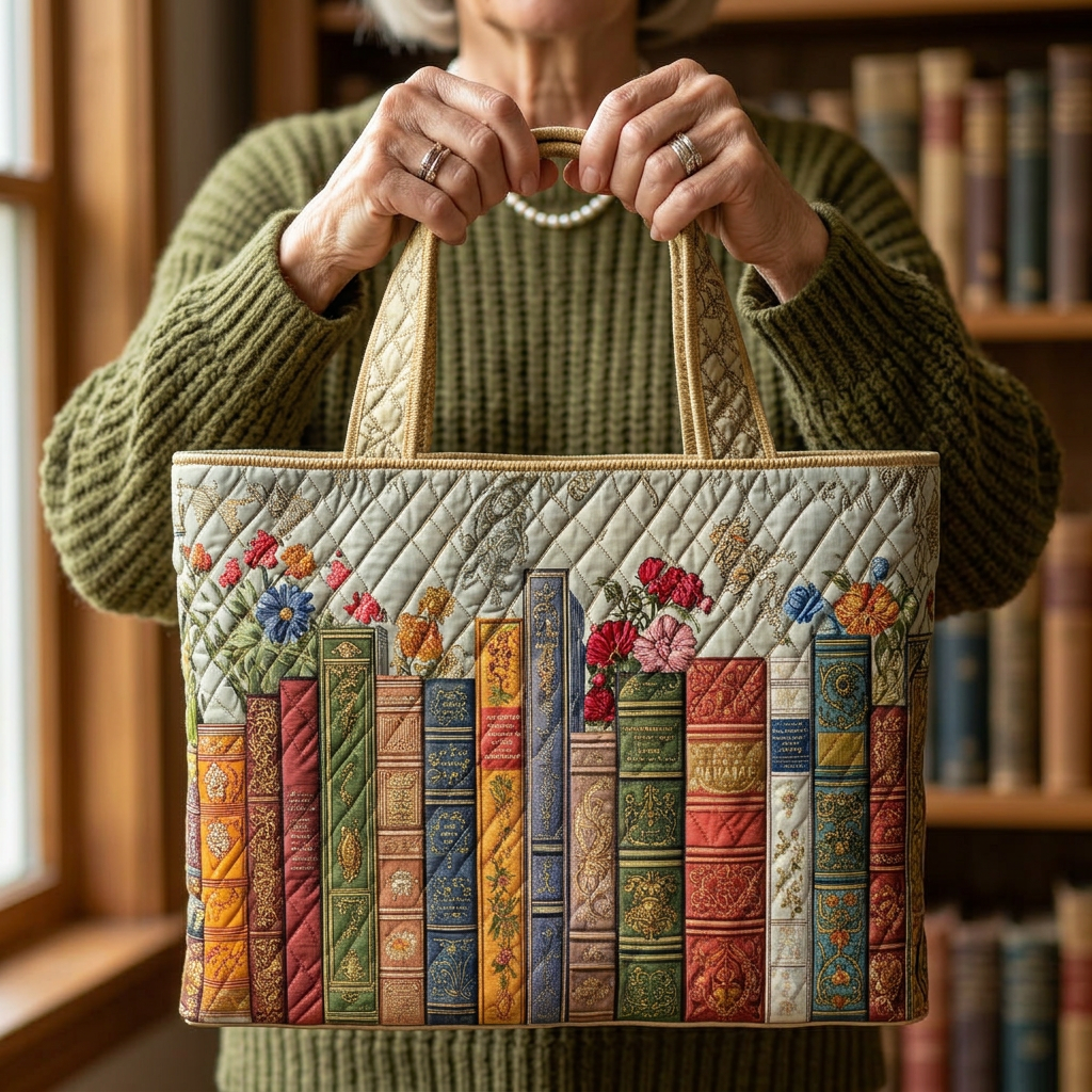 Selma – Bolso tote acolchado con estampado de biblioteca