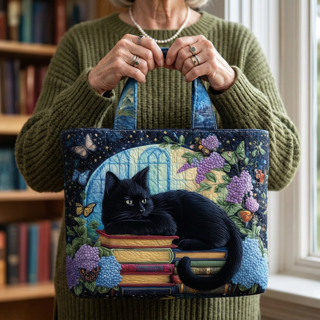Eva – Bolso tote acolchado tipo patchwork con estampado de gato