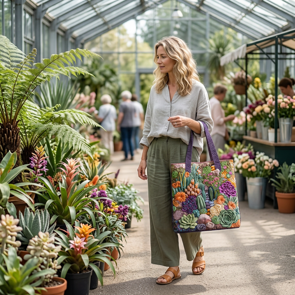 Camilla – Bolso tote acolchado a mano con estampado de suculentas