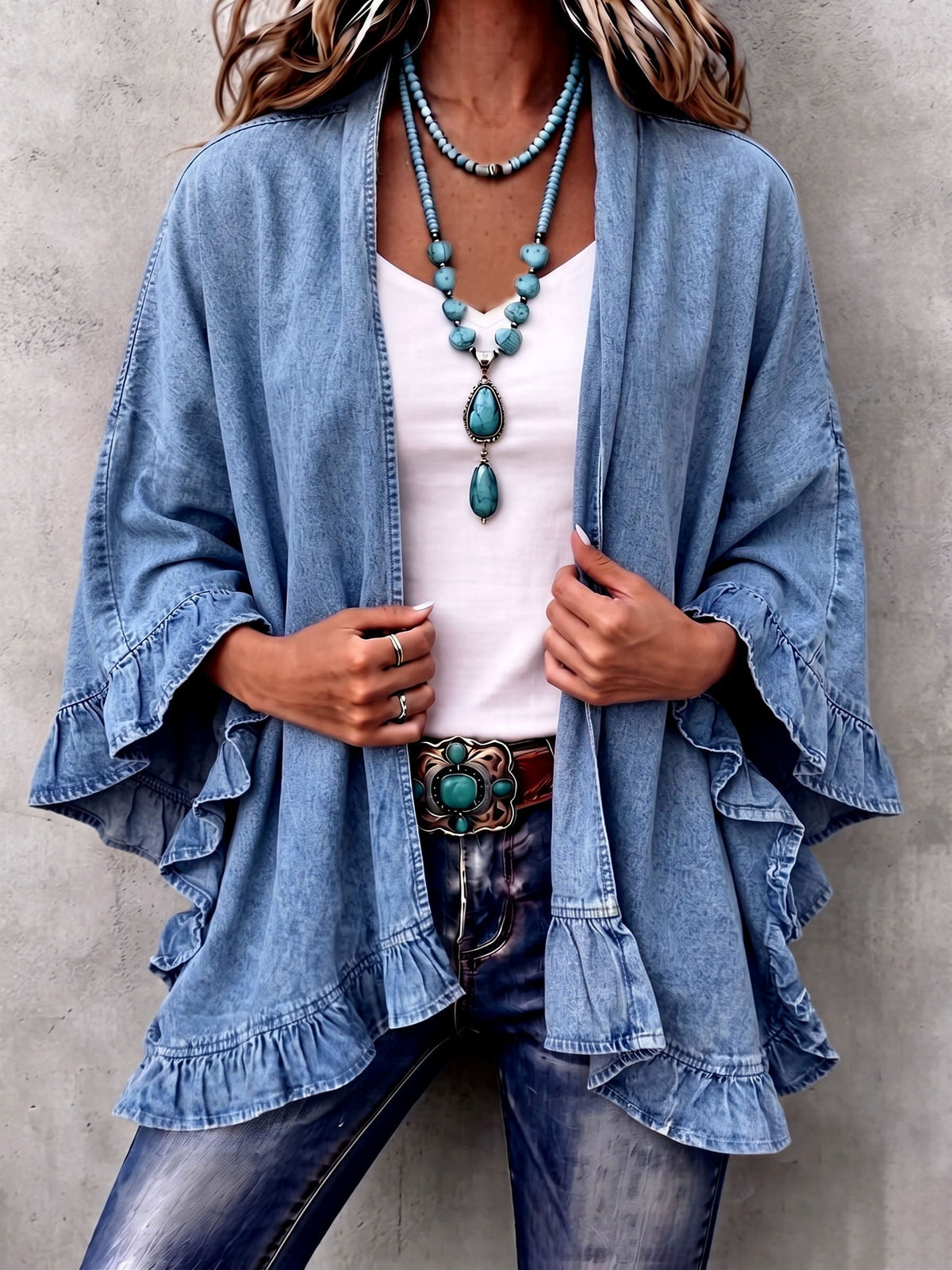 Corinne | Cárdigan vaquero boho con volantes
