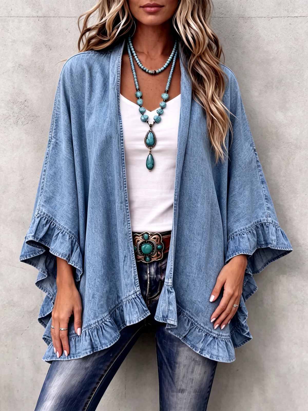 Corinne | Cárdigan vaquero boho con volantes