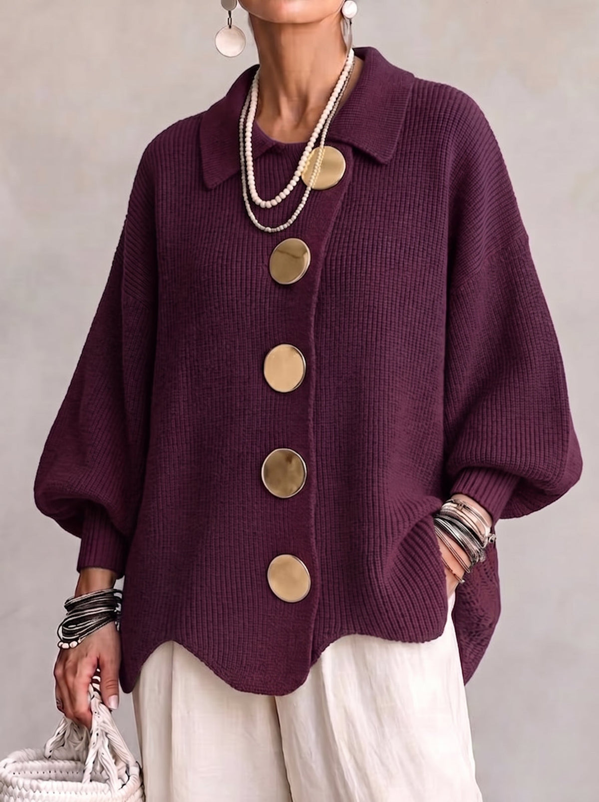 Elvinia™ | Cárdigan oversize con cuello y grandes botones metálicos